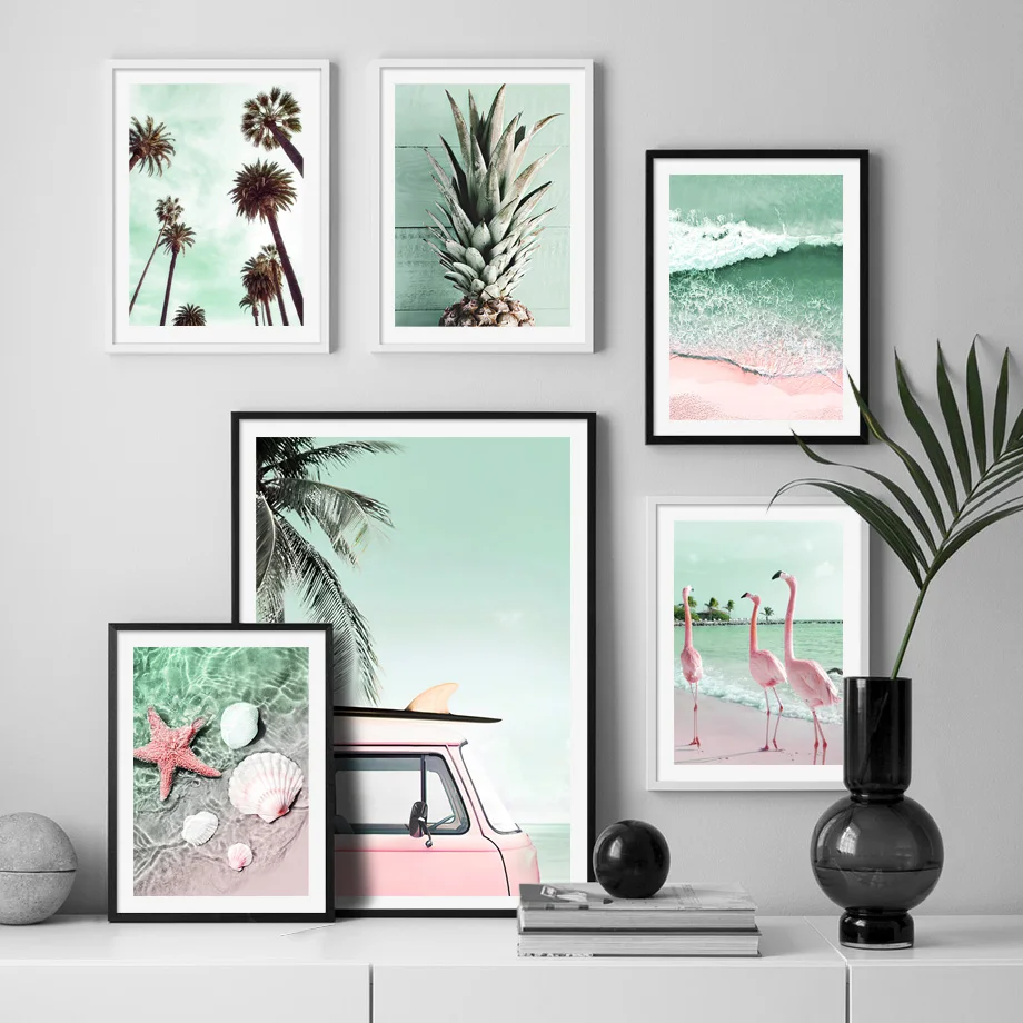 

Sea Scenery Flamingo Pineapple Beach Waves Nordic Poster Wall Art Canvas Painting Wall Pictures For Living Room Home Unframed