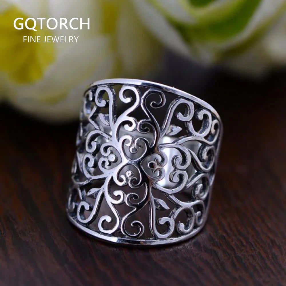Подлинное серебро 925 пробы кольца для женщин широкий дизайн полые Винтажные
