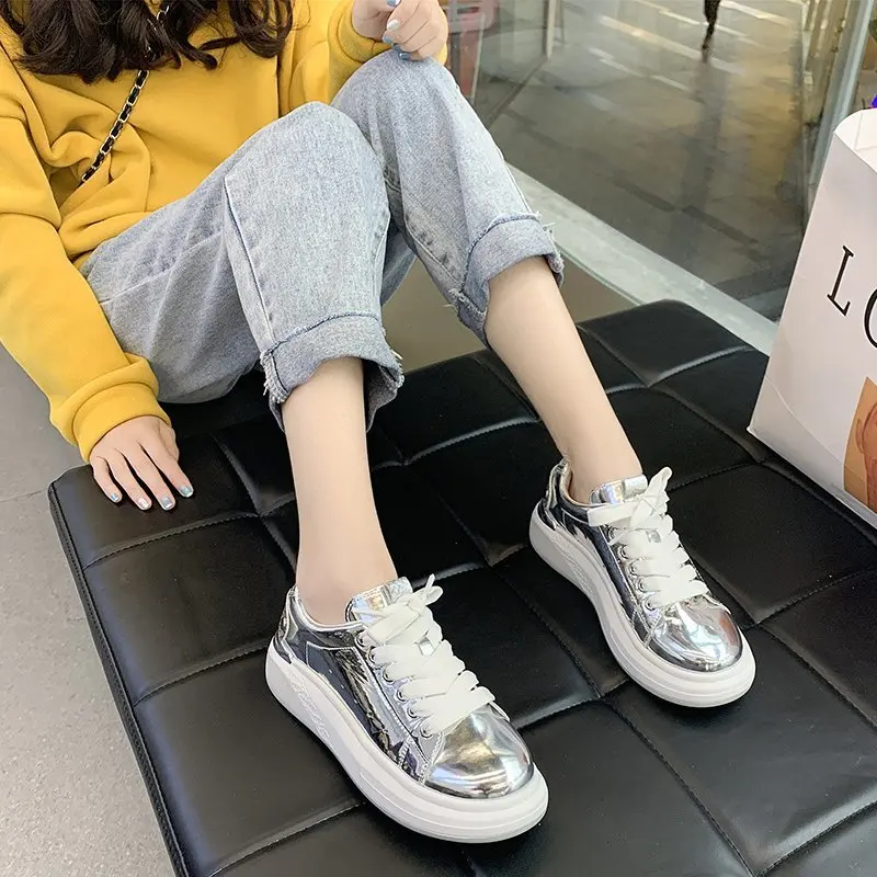 

Women Board Shoes Mirror Leather Lace-Up Red Silver Rubber Non-slip Sneakers Female Spring Summer Comfort Walking Shoes