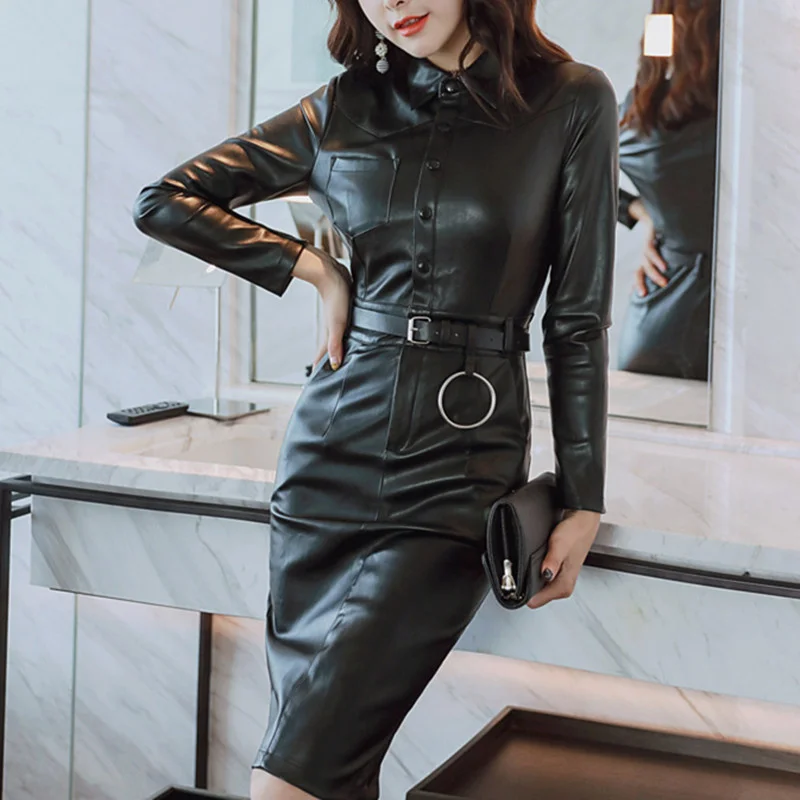PU Leather Dress Women Pockets Fashion Long Sleeve Black Fall Pencil Dresses Turn Down Collar High Waist With Belt Vestido Mujer