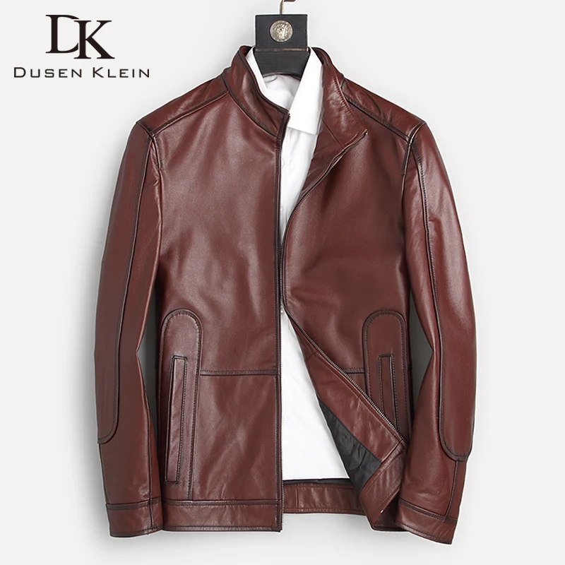 

DK Genuine Leather Cowhide Jackets Men Autumn Wine Red Leather Natural Clothing Mandarine Collar Causal Leather Real Coats