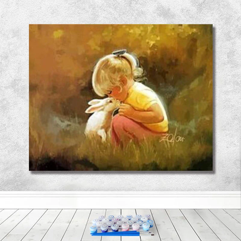 Diy digital painting creative little girl and small animal hand-painted decompression decorative | Дом и сад