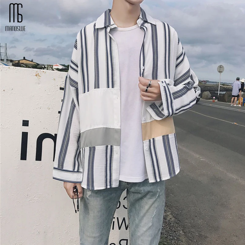 Мужская рубашка в черно белую полоску Manoswe Повседневная с длинным рукавом стиле