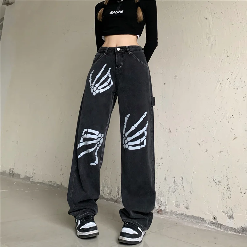 

Pants Women's Autumn Boneclaw Printing Loose Jeans Pant High Waist Straight Pants Wide Leg Pants Streetwear Retro Chic Jeans