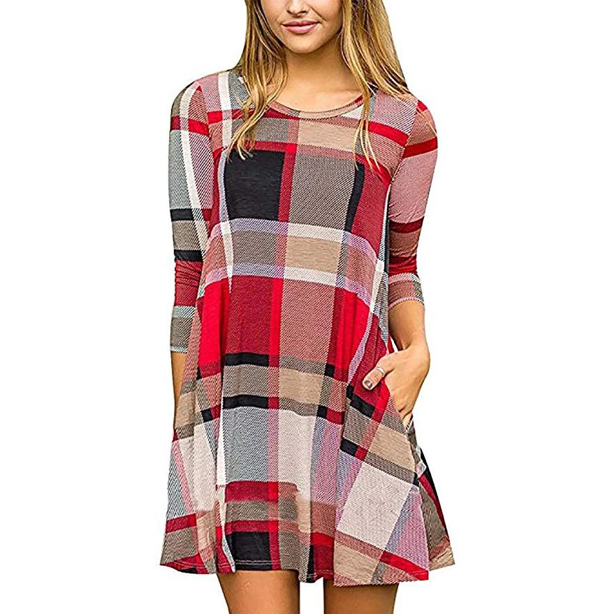 

Women Ladies One-Piece Dress Crew Neck Long Sleeve Colorful Printing Big Hem Warm for Autumn Fall Winter woman dress
