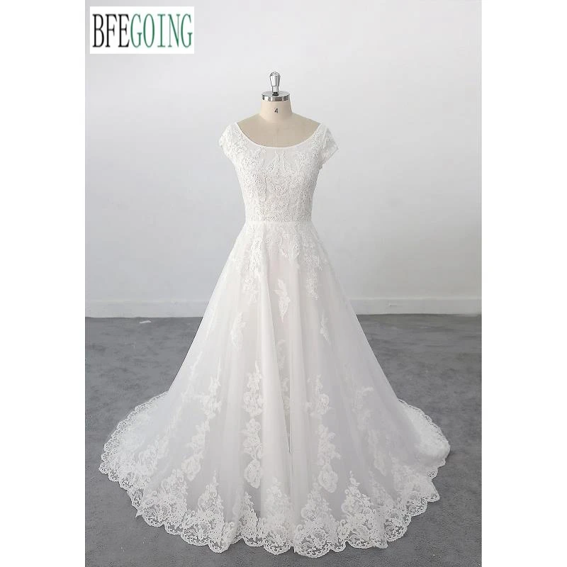 

Кружевное Тюлевое платье-трапеция цвета слоновой кости с короткими рукавами и глубоким круглым вырезом, свадебные платья до пола со шлейфо...