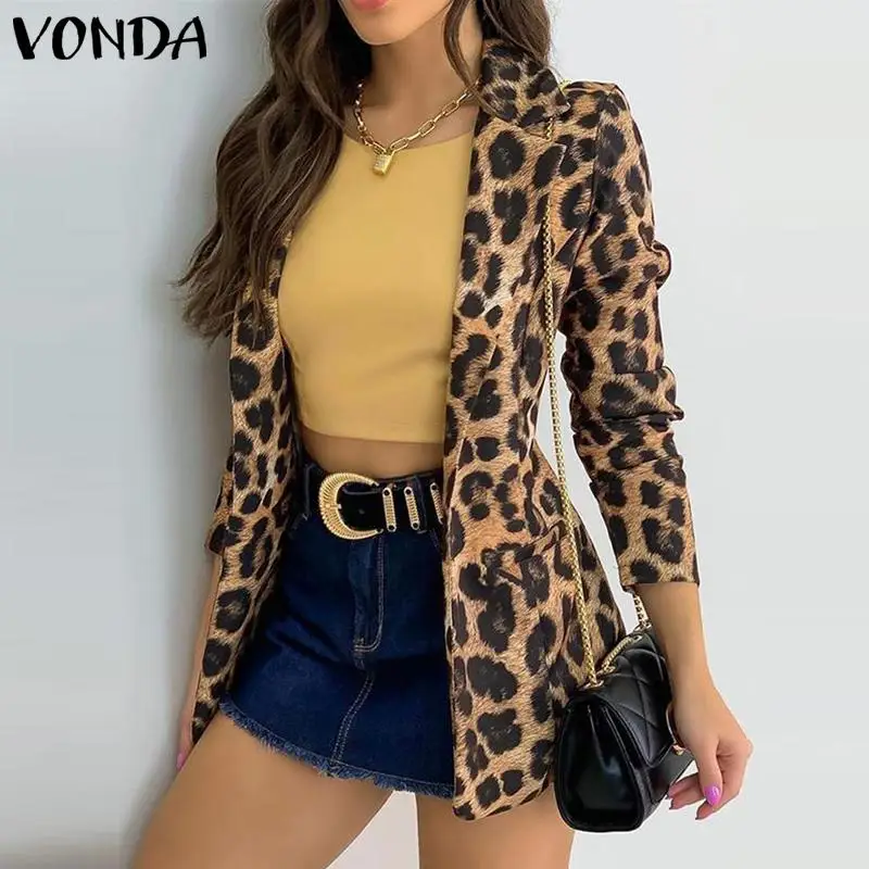 

VONDA Women Leopard Printed Long Sleeve Suit Blazer Veste Femme Autumn Winter Casual Lapel Collar Button Up Coats Femme Overcoat