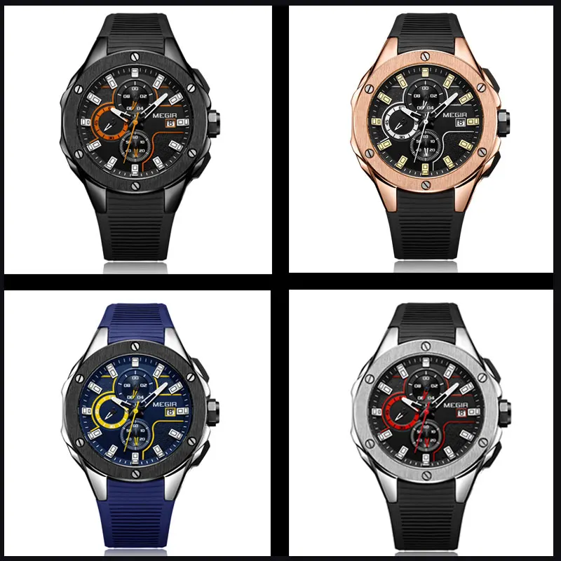 2019 MEGIR высококачественные мужские спортивные часы хронограф силиконовый ремешок