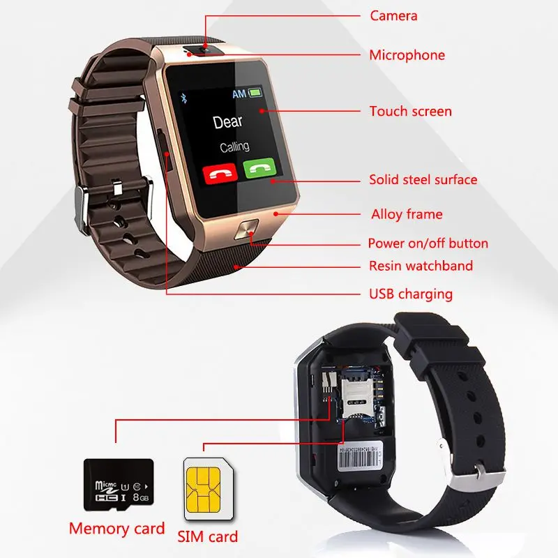 dz09 bluetooth smart watch 2g sim phone call with camera touch screen bluetooth wristwatch for ios android phones wrist watches free global shipping