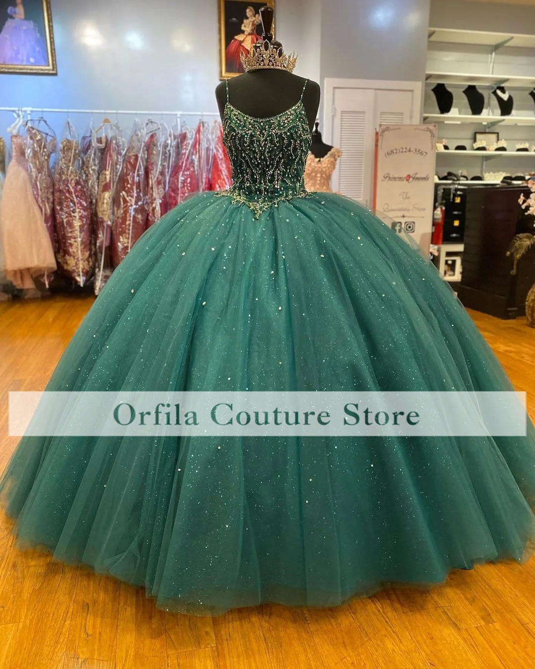 

Dark Green Princess Gown for Girl Quinceanera Dress Spaghetti Straps Beads Sequins Sweet 15 Prom Party Wear