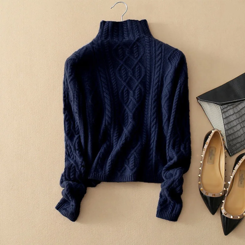 Зимний вязаный женский пуловер с высоким воротом свитер длинным рукавом