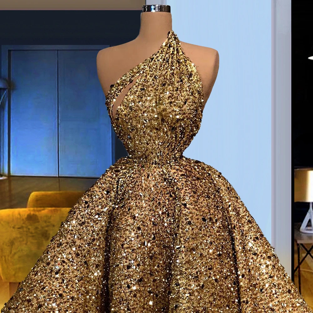 

2021 Shinning Sequined Gold Evening Gowns One Shoulder A-line Birthday Ceremony Engagement Dresses For Women Party FOE32718