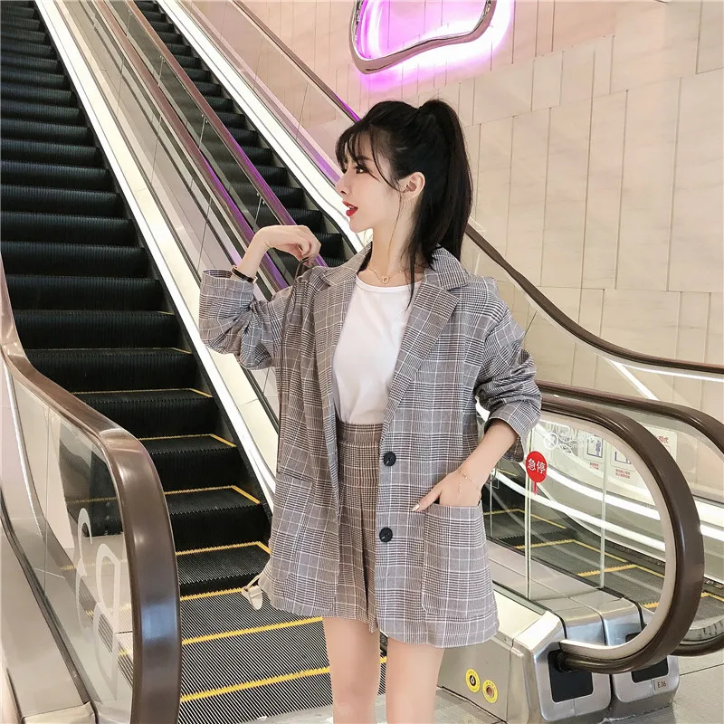Женский костюм наборы 2019 новый осенний Повседневный в клетку Длинные рукава