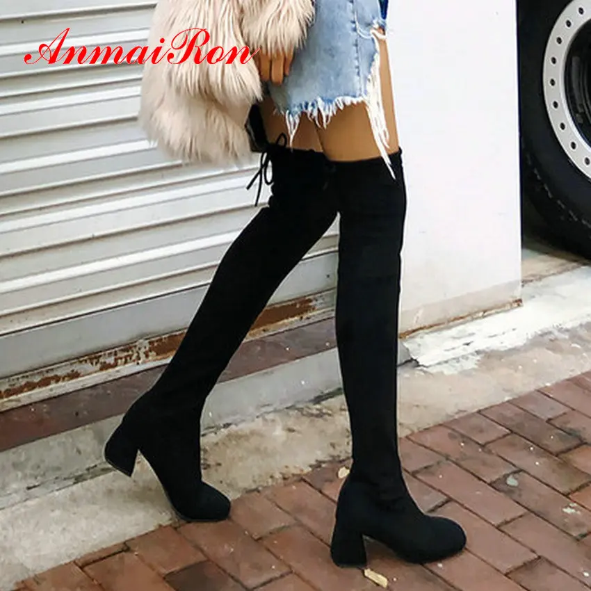 

ANMAIRON Over-the-Knee Boots Slip-On Basic Round Toe Flock Women Boots Square Heel Winter Stretch Lycra Women Shoes Size 34-43