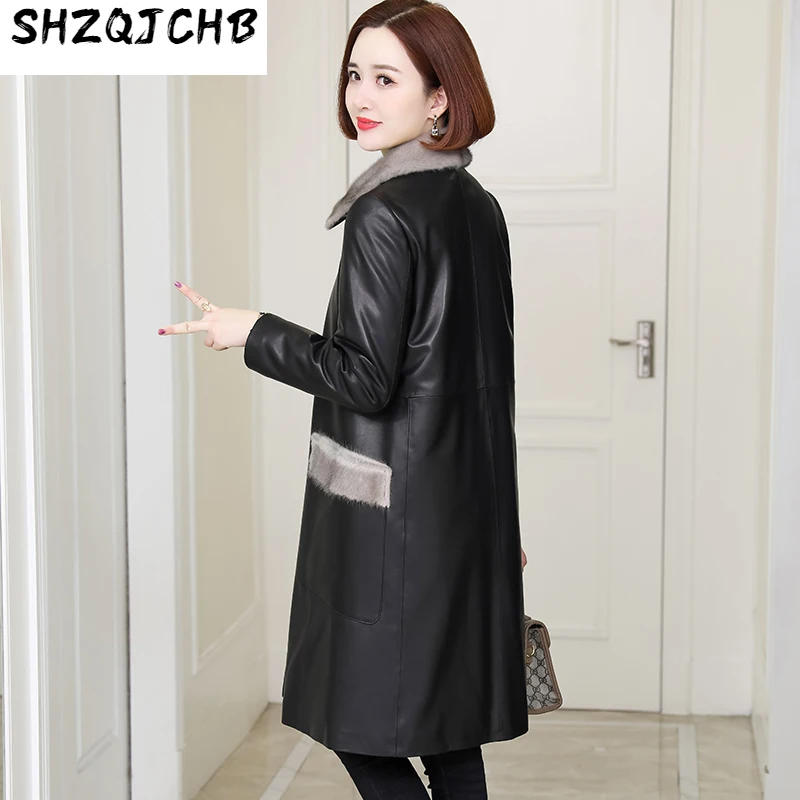 

SHZQ осенне-зимняя новая женская одежда из кожи с мехом средней и большой длины пуховая куртка ветровка пальто меховой норковый воротник