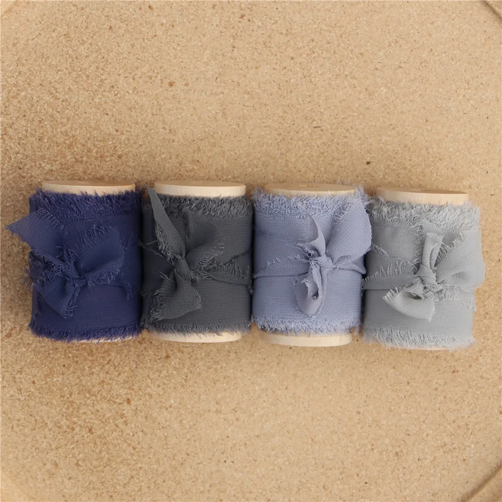 

4 pcs Handmade Frayed Edged Chiffon Silk Ribbon with Wood Spool Wedding Invitation Bouquets 4cmx5.5m Sheer Fringe Ribbon Flatlay