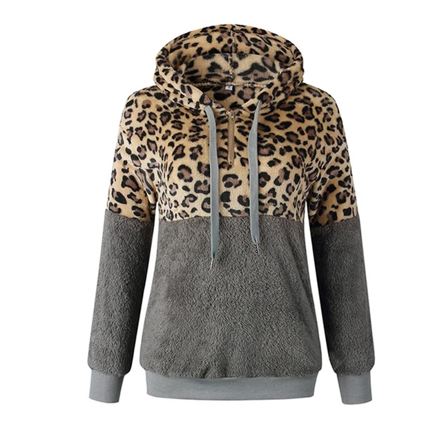 Fall Hoodies Women Leopard Print Zipper 