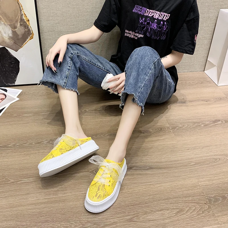 

Lace Female Shoes House Slippers Platform Med Cover Toe Slides 2021 Flat Cotton Fabric Rubber PU House Slippers Platform Female