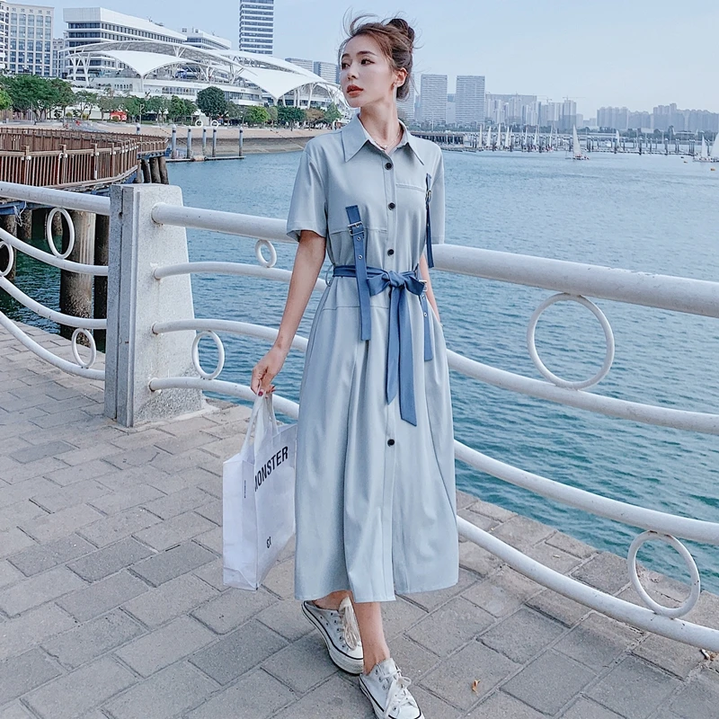 

Shirt Dress for Women 2021 Summer Fashion Splice Ribbon Short Sleeve Lapel Bandage Elegant Korean Vintage Loose Long Dresses