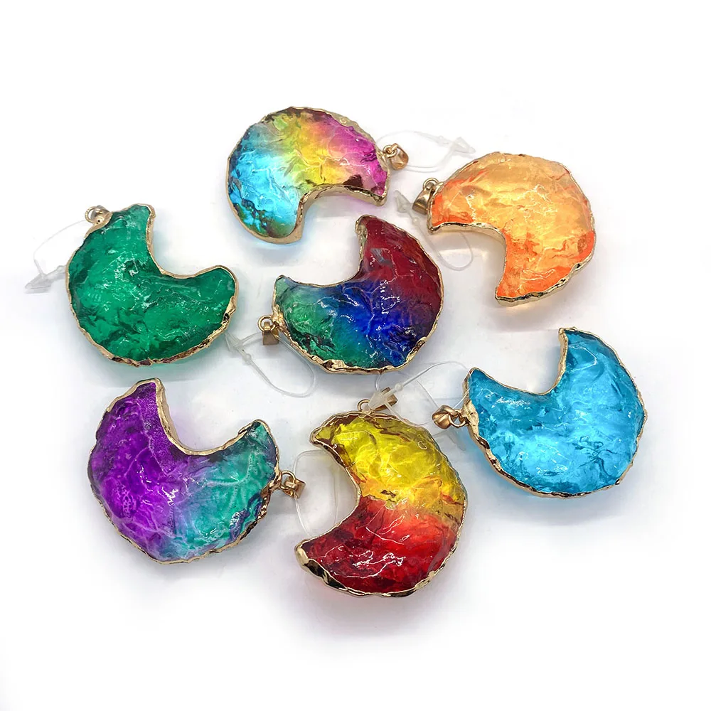 

1pcs Natural Stone Pendant Multicolor Crystal Moon Shape Colorful Necklace Charm Copper Edging Jewelry Making Supplies Fitting