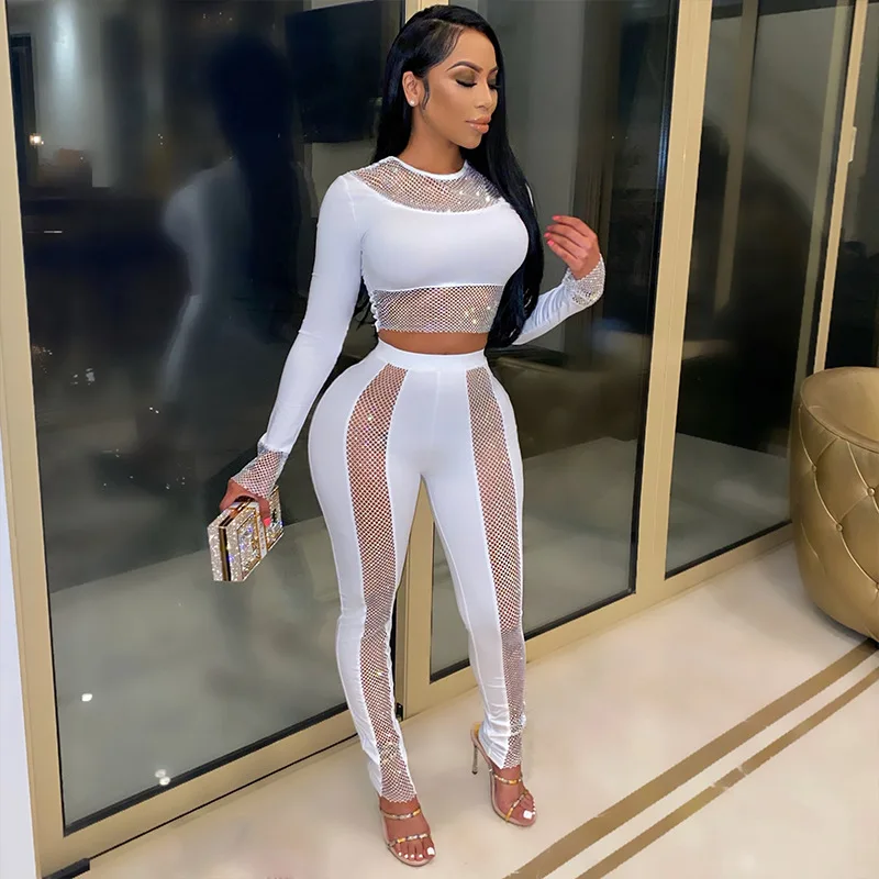 

2021 Fashion Female Sexy 2 Piece O Neck Long Sleeve Tops + Long Pants Sexy Streetwear Party Club Suit