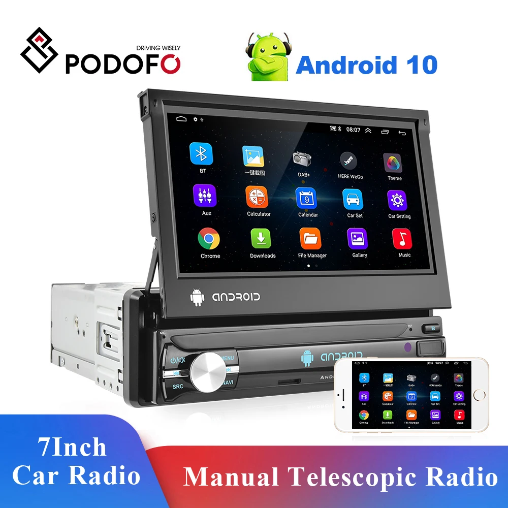 

Podofo Android 10 1Din Car Radio GPS 7Inch Retractable Screen BT Or Wince Multimedia Player For Nissan Toyota Lada Kia Suzuki