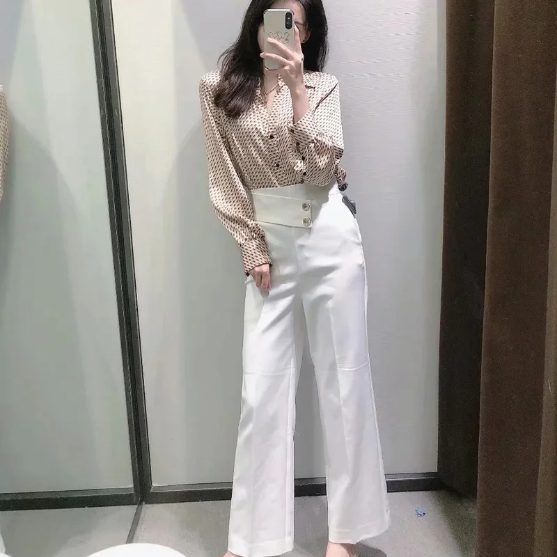 

Women Pant Za 2021 Autumn Buttons Pants Women High Waist Leg Width Pants Loose Elegant Woman Trouser Suits Pocket White