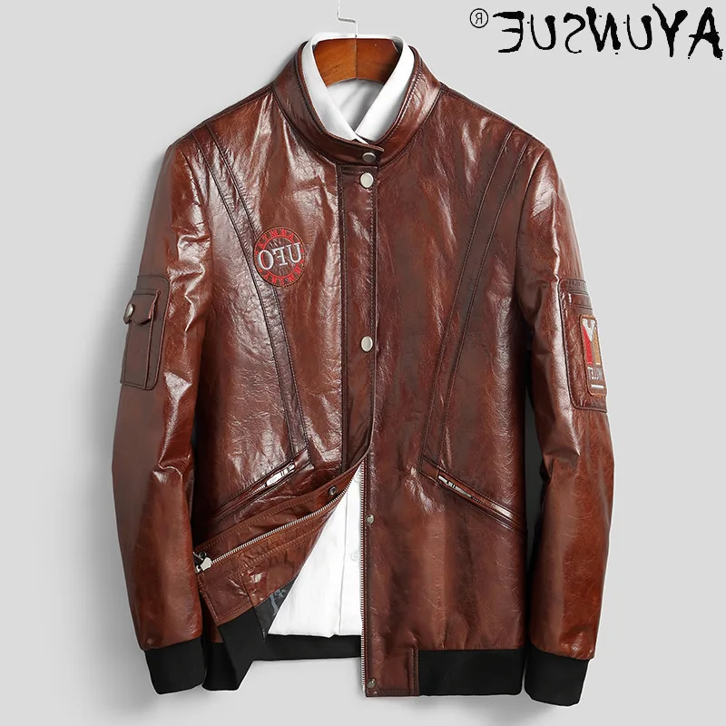 

Воловья кожа мужская кожаная куртка из натуральной кожи осенние мужские воском воловья кожа куртки на молнии с вышивкой одежда Hommes Veste LXR222