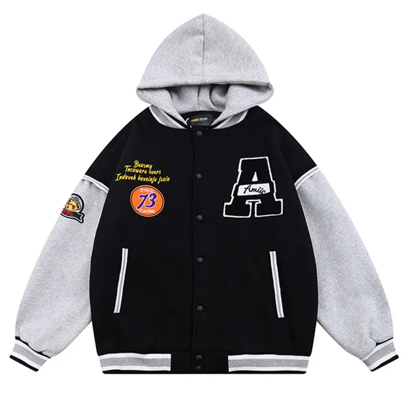

Winter Varsity Jacket Coat Men Hooded Letter Embroidery College Streetwear Hip Hop Korean Harajuku Oversized College Rock Jacket