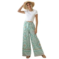 ladies retro printed belt trousers 2021 summer bohemian casual loose high waist wide leg fashion floral beach pants women