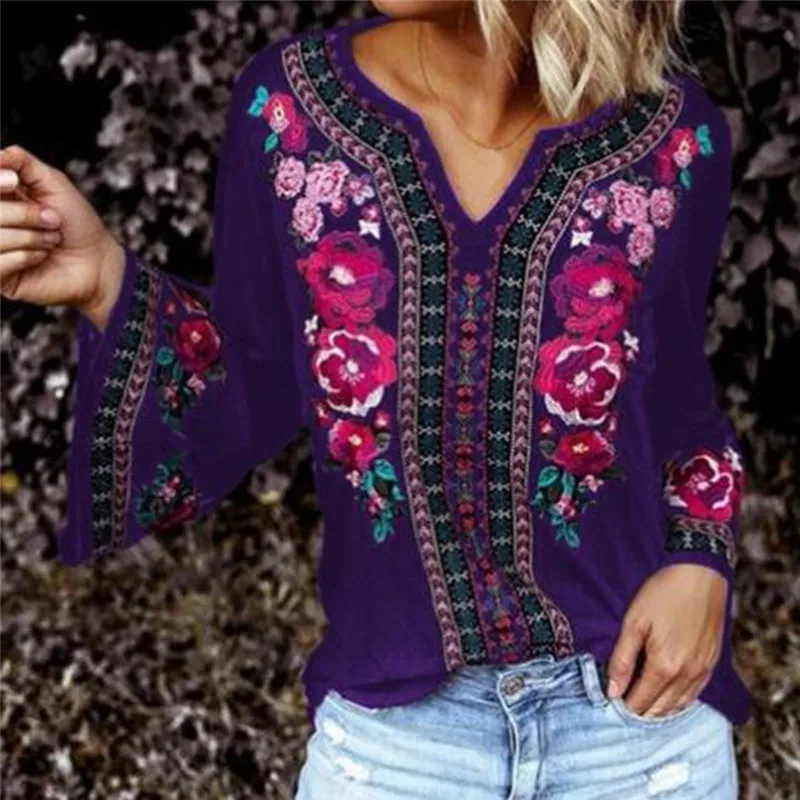 Женская этническая футболка с пышными рукавами Повседневная цветочным принтом