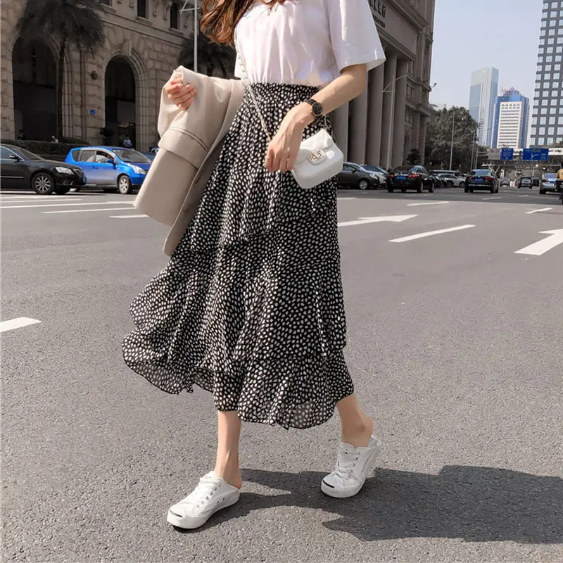 

FAKUNTN 2021 Summer Women's Long Skirt Ruffle Polka Dot Irregular High Waist Female A-line Skirts Korean Japan Kawaii