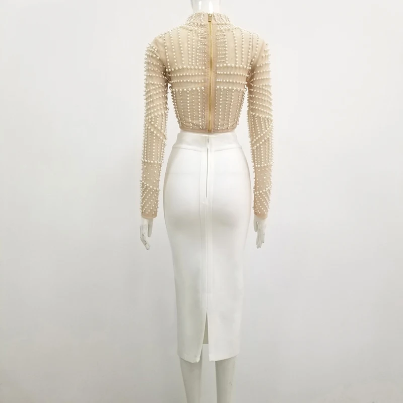 

Newest HIGH STREET 2021 Stylish Runway Suit Set Women's Turtleneck Long Sleeve Beading Gauze Blouse Top Buttock Skirt Set
