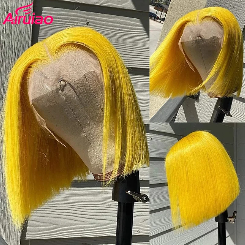 

Yellow Colored Straight Bob Wig 613 Blonde Short Pixie Cut 13x4 Frontal HD Lace Front Wigs Human Hair Full Preplucked For Women