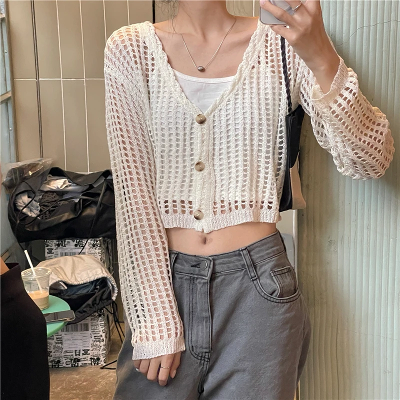 

Summer Korean style hollow out thin section loose cardigan sunscreen sexy knit shirt women
