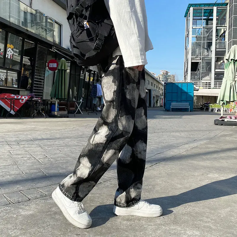 Korean Wide-leg Jeans Men's Fashion Printing Casual Retro Jeans Men Streetwear Loose Hip-hop Straight Denim Trousers Mens S-3XL