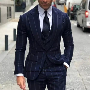 Navy Blue Stripe Mens Suits 3 Piece Jacket Vest Pants Set Wedding Groom One Button Tuxedo Peaked Lap in USA (United States)