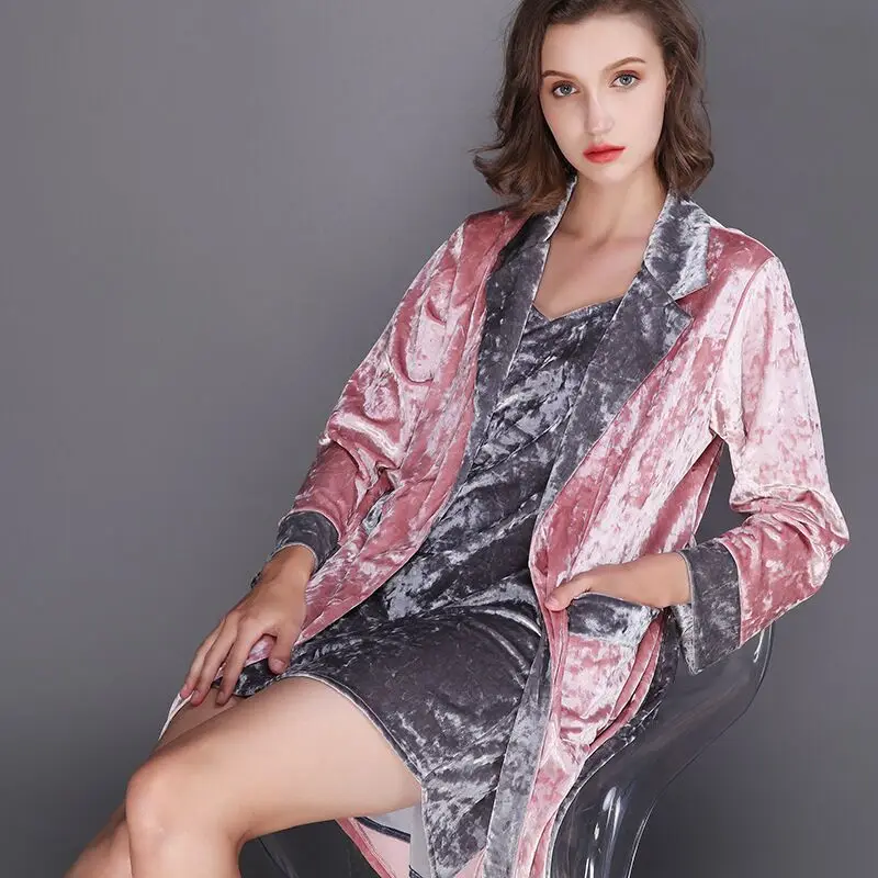 Pink Зимний женский пижамный комплект, сексуальный Золотой бархатный вечерний комплект с платьем, Осенний мягкий теплый комплект из 2 предметов, женская ночная одежда, пижамы, Халат - Цвет: Pink