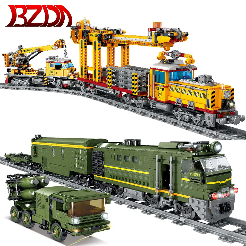 

Военный Электрический поезд BZDA, машина для укладки железной дороги, пуленепробиваемая ракета, поезд, строительные блоки, модель поезда, дет...
