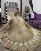 2020 luxury gold lace applique layers ball gown wedding dresses aso ebi long sleeves lace up arabic chapel train bridal gown