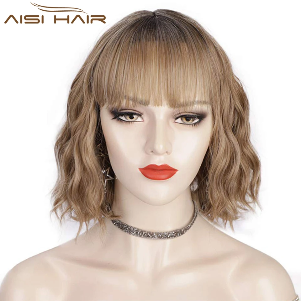 

AISI HAIR Synthetic Short Wavy Wigs for Women Bob Wigs with Bangs Shoulder Length Red Wig Heat Resistant Fiber Hair