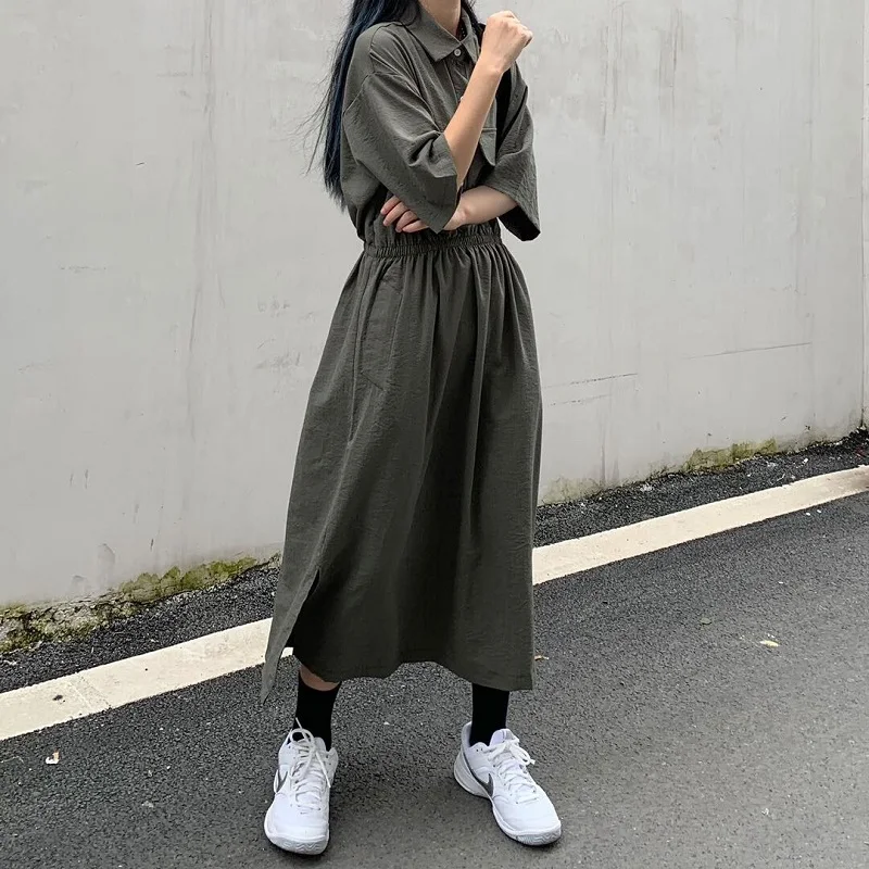 

2021 New Summer Shirt Dress Evening Kaftan Vintage Dress Party Oversize Long Beach Women Dresses Robe Vestido Maxi Green