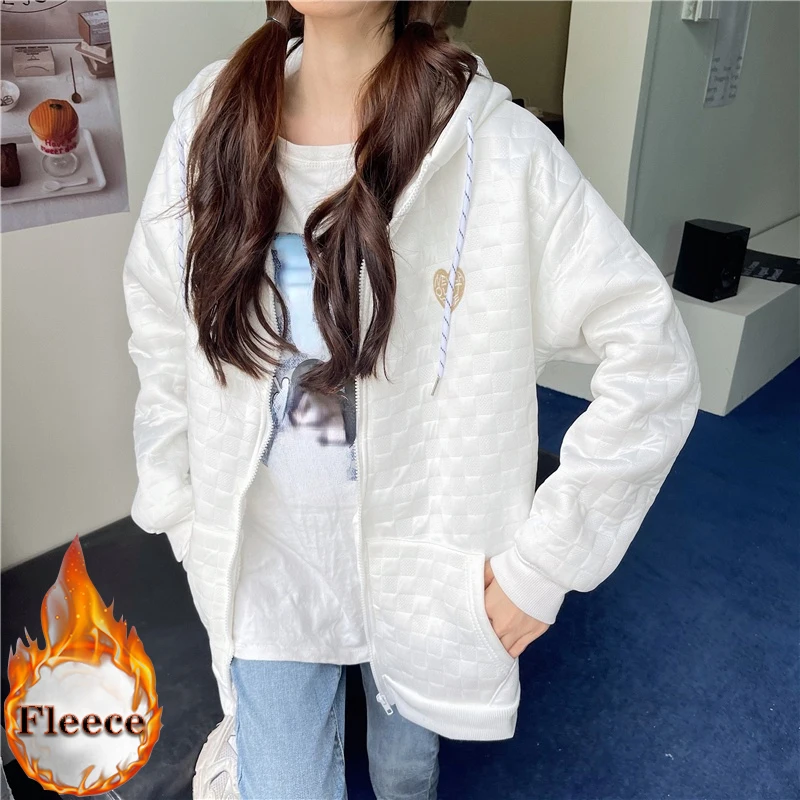 

Women Waffle Hoodies coat Solid Color Zip Up Pocket Oversized Harajuku Korean Sweatshirts Female Long Sleeve Hooded Streetwear