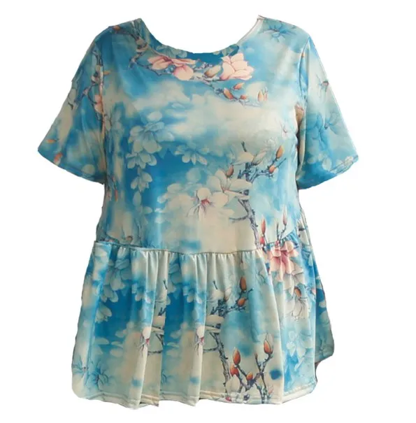 Женская футболка с коротким рукавом круглым вырезом и цветочным принтом