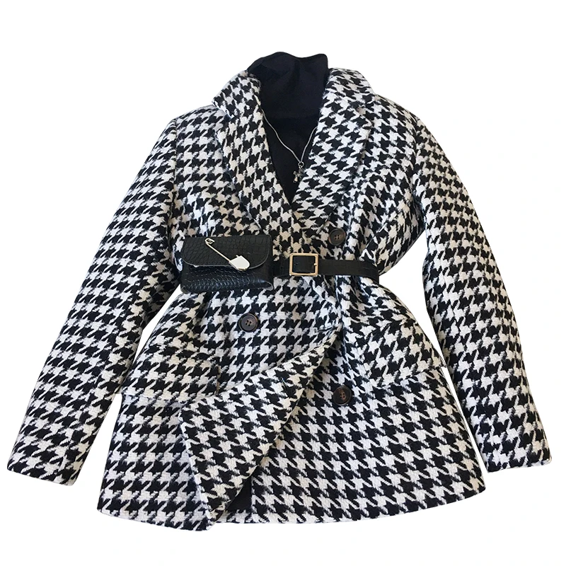 

Winter Women Jacket New Korean Version Houndstooth Jackets Coat Female Fashion Long Sleeve Outerwear Suit Thick And Loose Coats