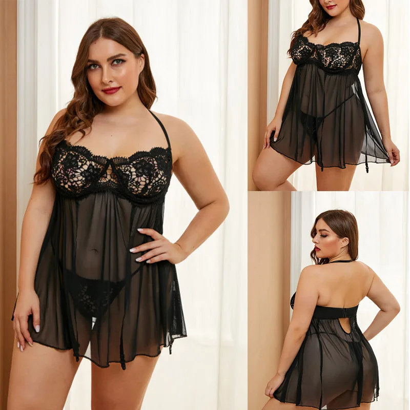 

HKMN Shiying Large Size Fat mm European and American Sexy Nightdress 2021 New Lace Pajamas Female Sexy Underwear Two-piece Set