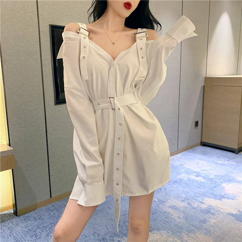 

HStar vintage shirts strapless women blouse black tops with belt casual long shirts off the shoulder sexy tops