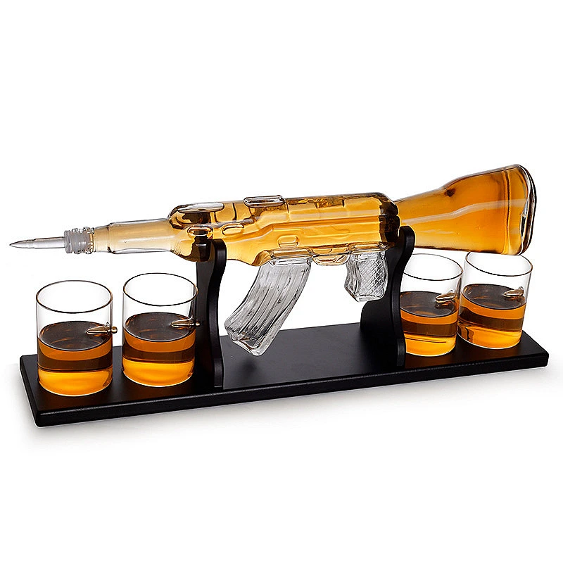 AK47 Gun Shape Whisky Glass Wine Container Decanter Set Drinking Vessel With 4 Cups 1 Pine Wood Support | Дом и сад