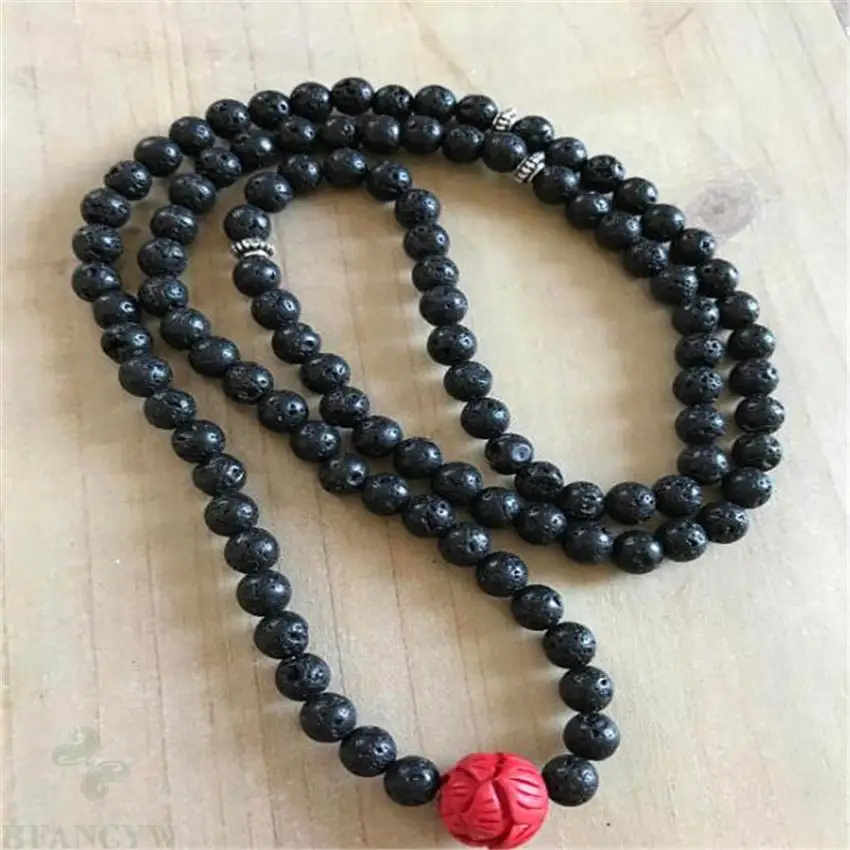 

6MM 108 volcanics Stone cinnabar Gemstone Mala Bracelet Bless Sutra Ruyi mala yoga Hot Unisex pray Wristband Healing