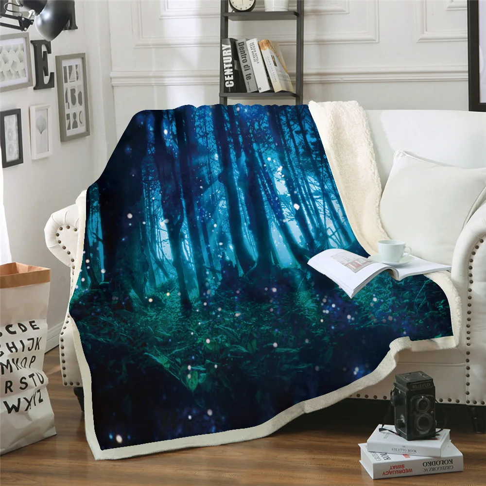 Soft Cartoon Polyester warm winter Blanket Thickened Double-layer Glamorous and dreamlike forest tree Printed | Дом и сад